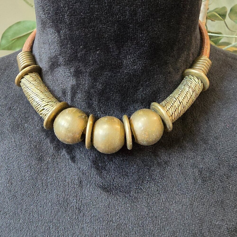 Womens Mid-Century Modernist MCM Brass Steal Brutalist Steampunk Collar Necklace